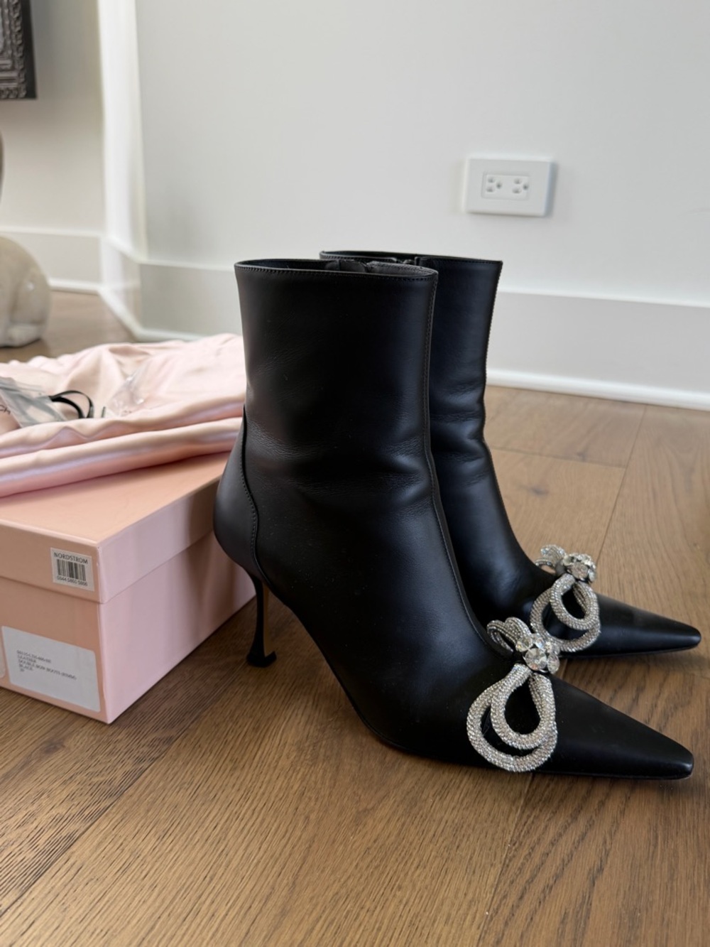MACH & MACH Black Pointed Toe Crystal Bow Ankle Booties